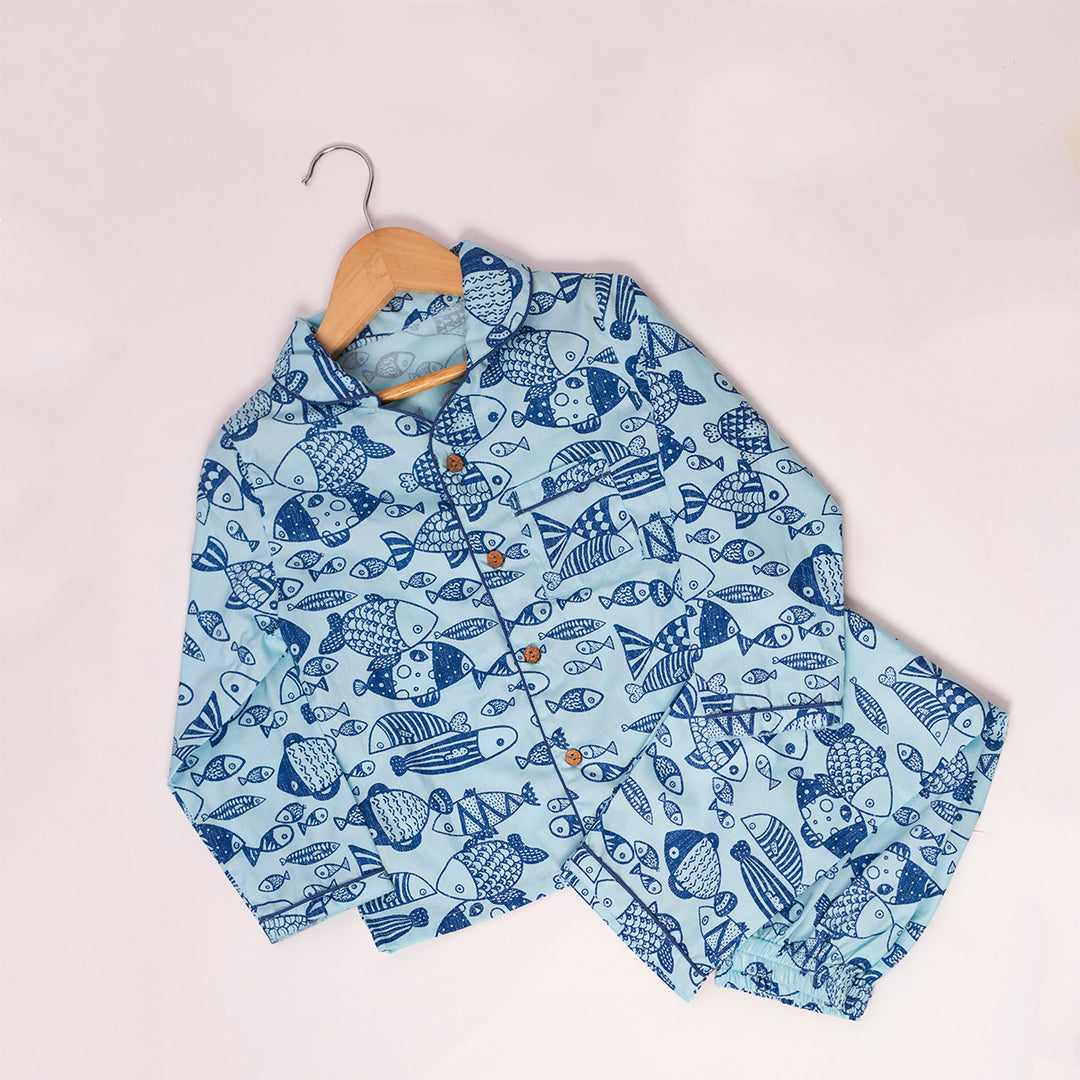 Something's Fishy Cotton Nightuit Blue- Boys
