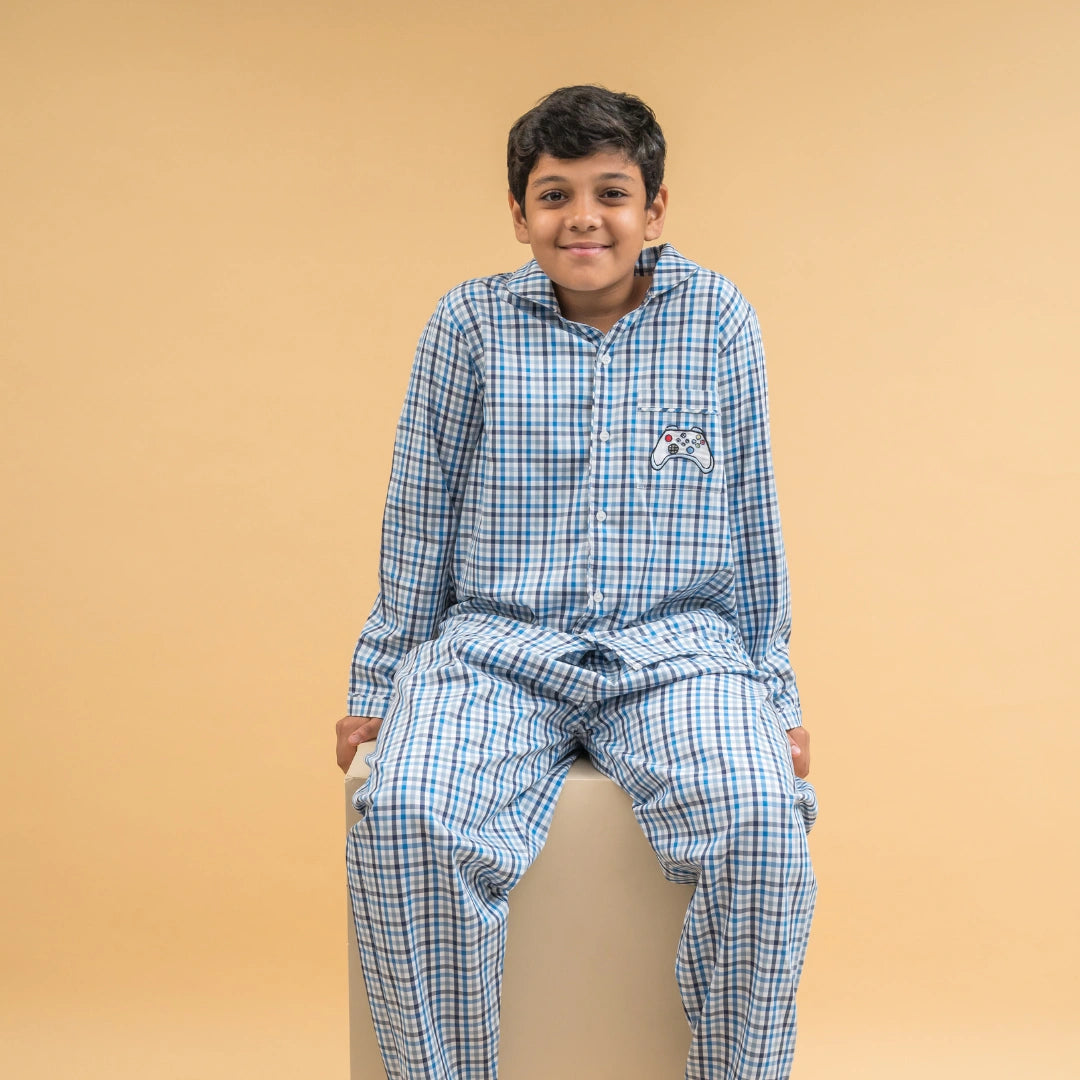 Blue & Grey Checks Cotton Nightsuit - Boys
