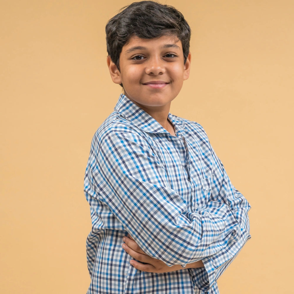 Blue & Grey Checks Cotton Nightsuit - Boys