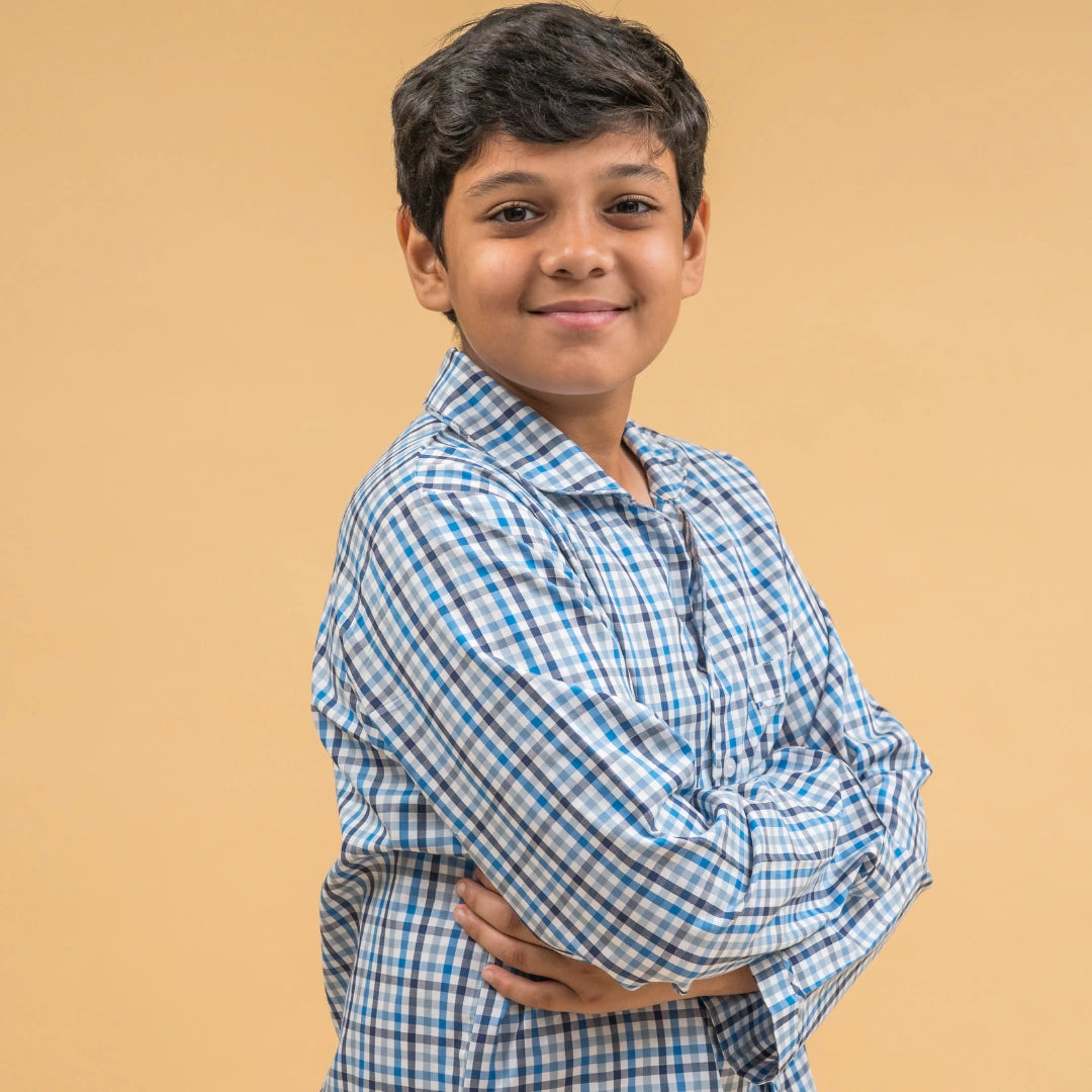 Blue & Grey Checks Cotton Nightsuit - Boys