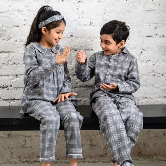 Manhattan Check Winter Cotton Nightsuit - Girls