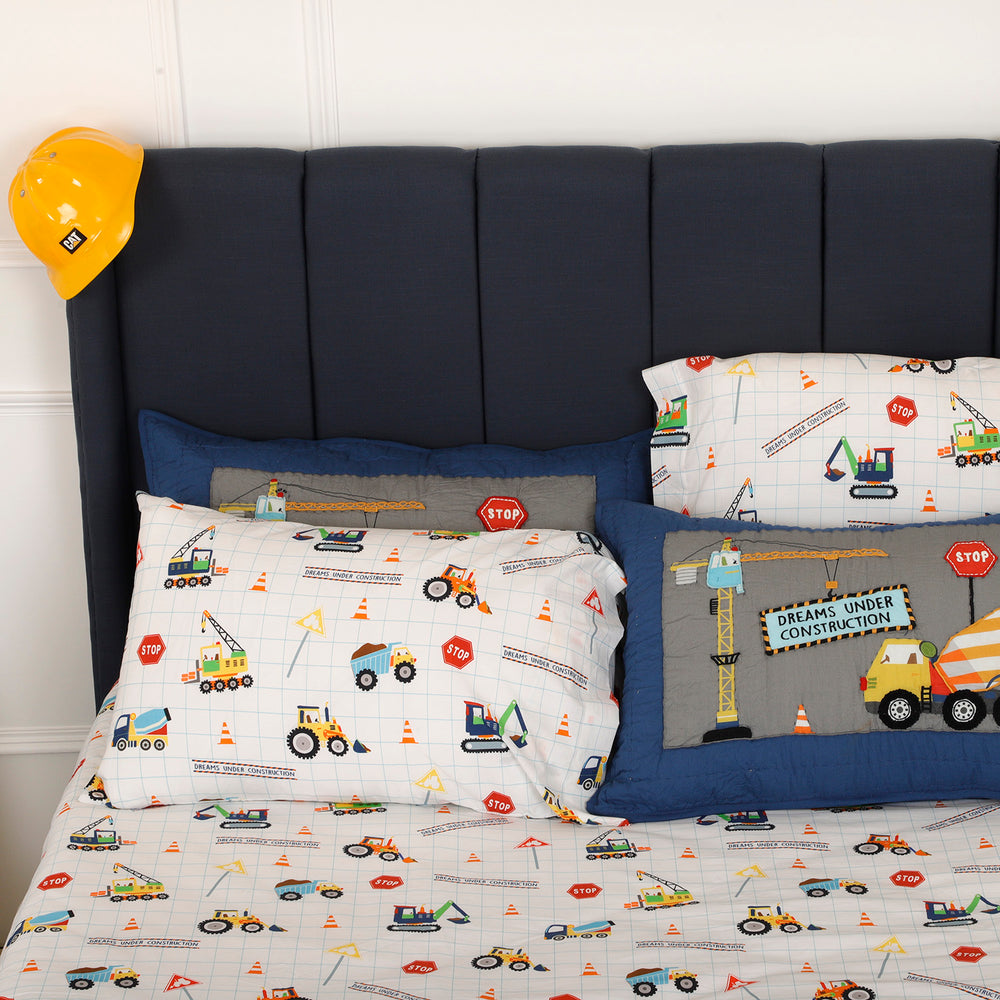 Dreams Under Construction Organic Cotton Quilted Pillow - Blue