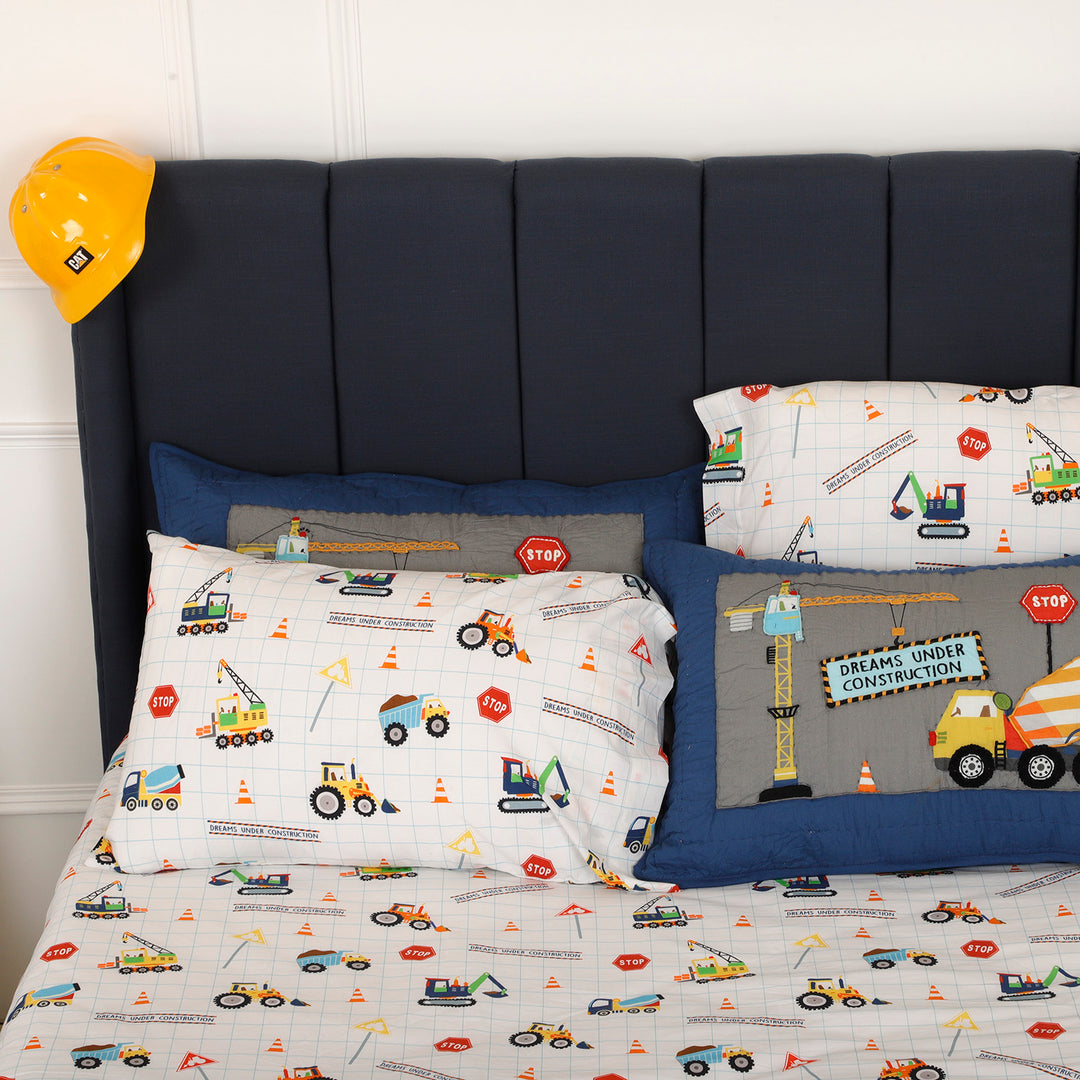 Dreams Under Construction Organic Cotton Quilted Pillow - Blue