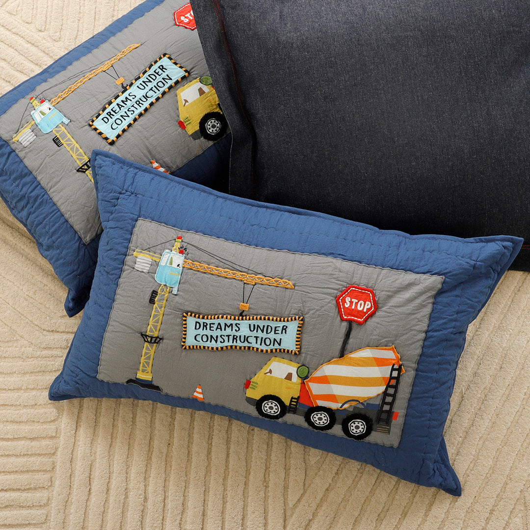 Dreams Under Construction Organic Cotton Quilted Pillow - Blue