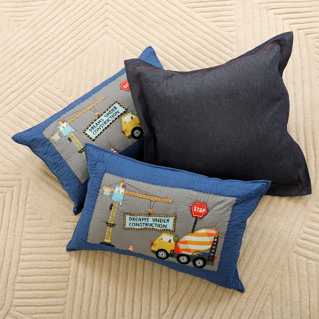 Dreams Under Construction Organic Cotton Quilted Pillow - Blue