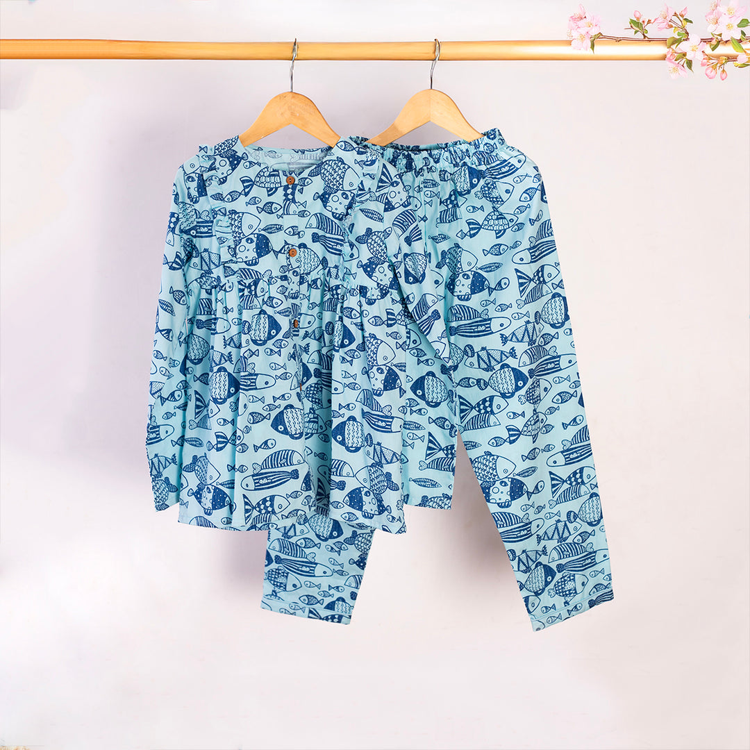 Something's Fishy Cotton Nightuit Blue - Girls