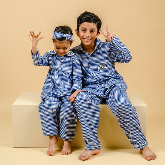 Royal Blue Gingham Cotton Nightsuit Boys