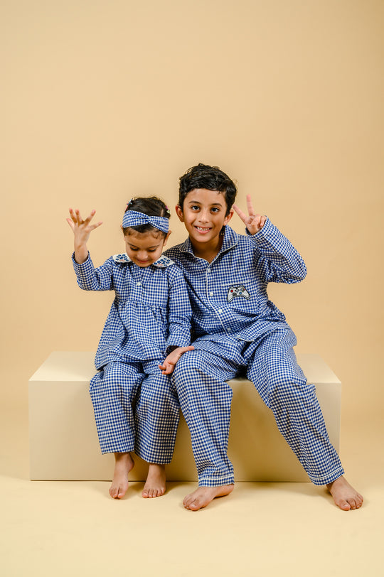 Royal Blue Gingham Cotton Nightsuit Boys