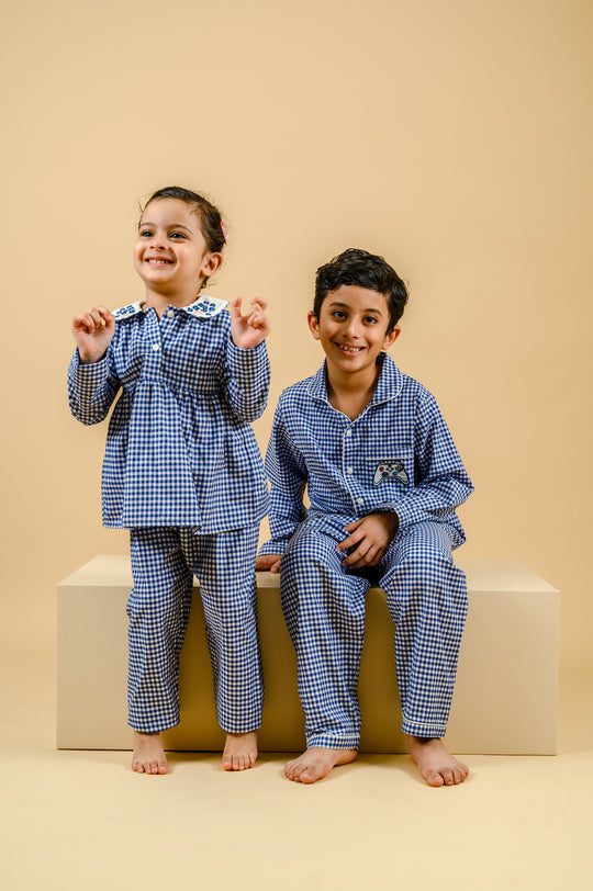 Royal Blue Gingham Cotton Nightsuit Boys
