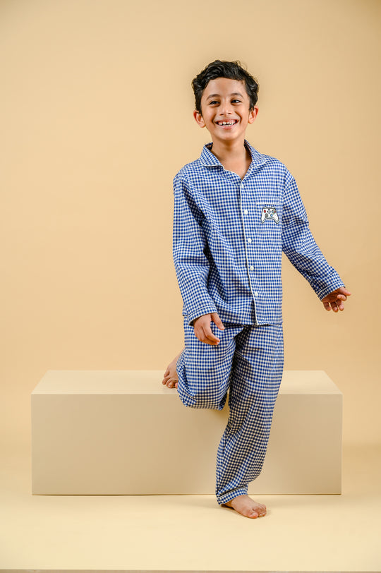 Royal Blue Gingham Cotton Nightsuit Boys
