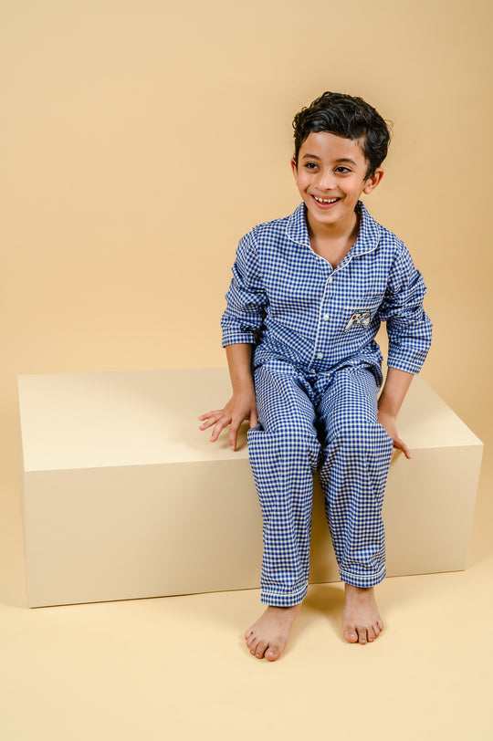 Royal Blue Gingham Cotton Nightsuit Boys