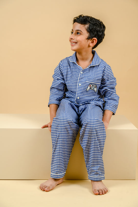 Royal Blue Gingham Cotton Nightsuit Boys