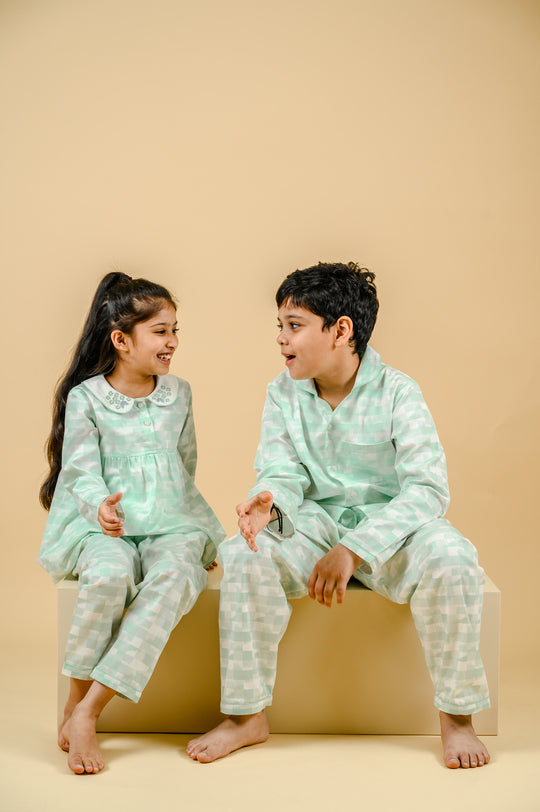 Green Geo Cotton Nightsuit - Girls
