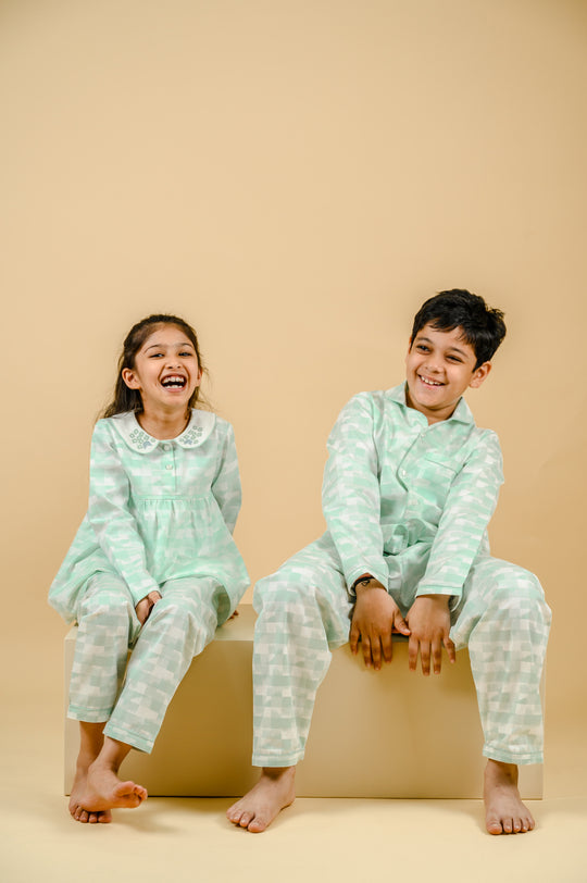 Green Geo Cotton Nightsuit - Girls