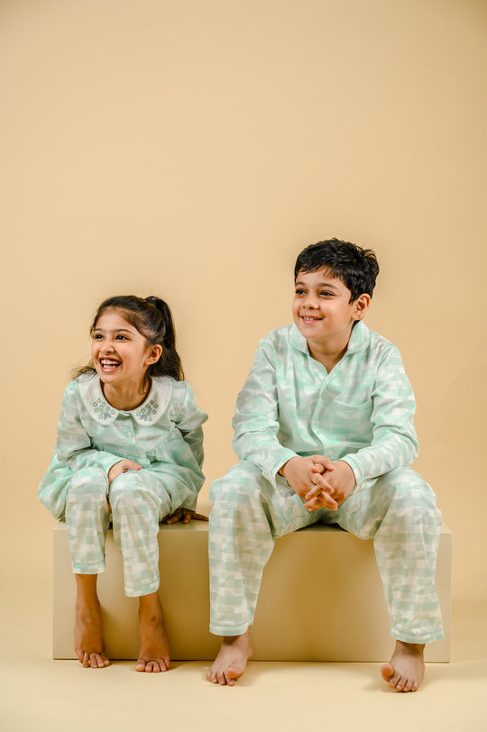 Green Geo Cotton Nightsuit - Girls