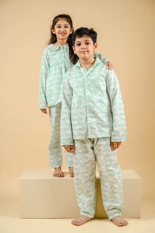 Green Geo Cotton Nightsuit - Girls