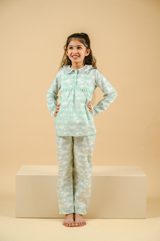 Green Geo Cotton Nightsuit - Girls