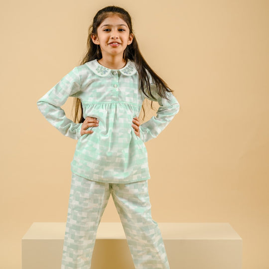 Green Geo Cotton Nightsuit - Girls