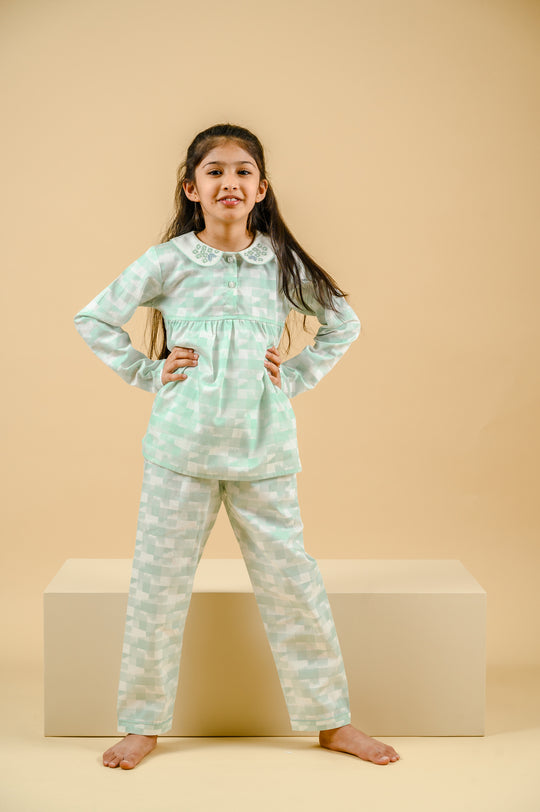 Green Geo Cotton Nightsuit - Girls