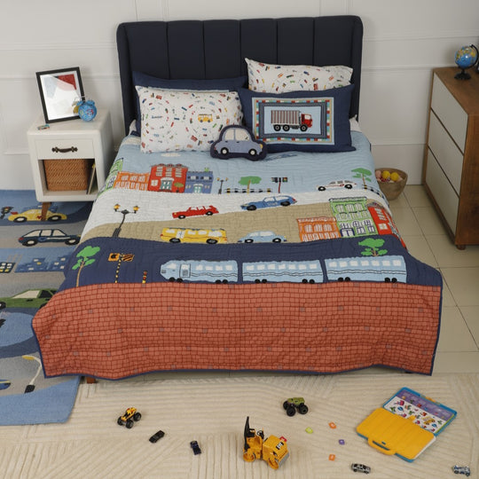 Wheels In The City Quilted Pillow/Sham