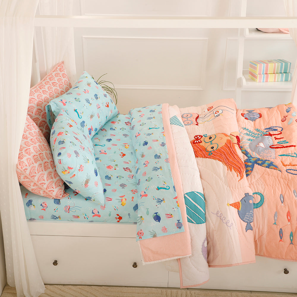 Mermaid Tea Party Organic Cotton Quilted Pillow