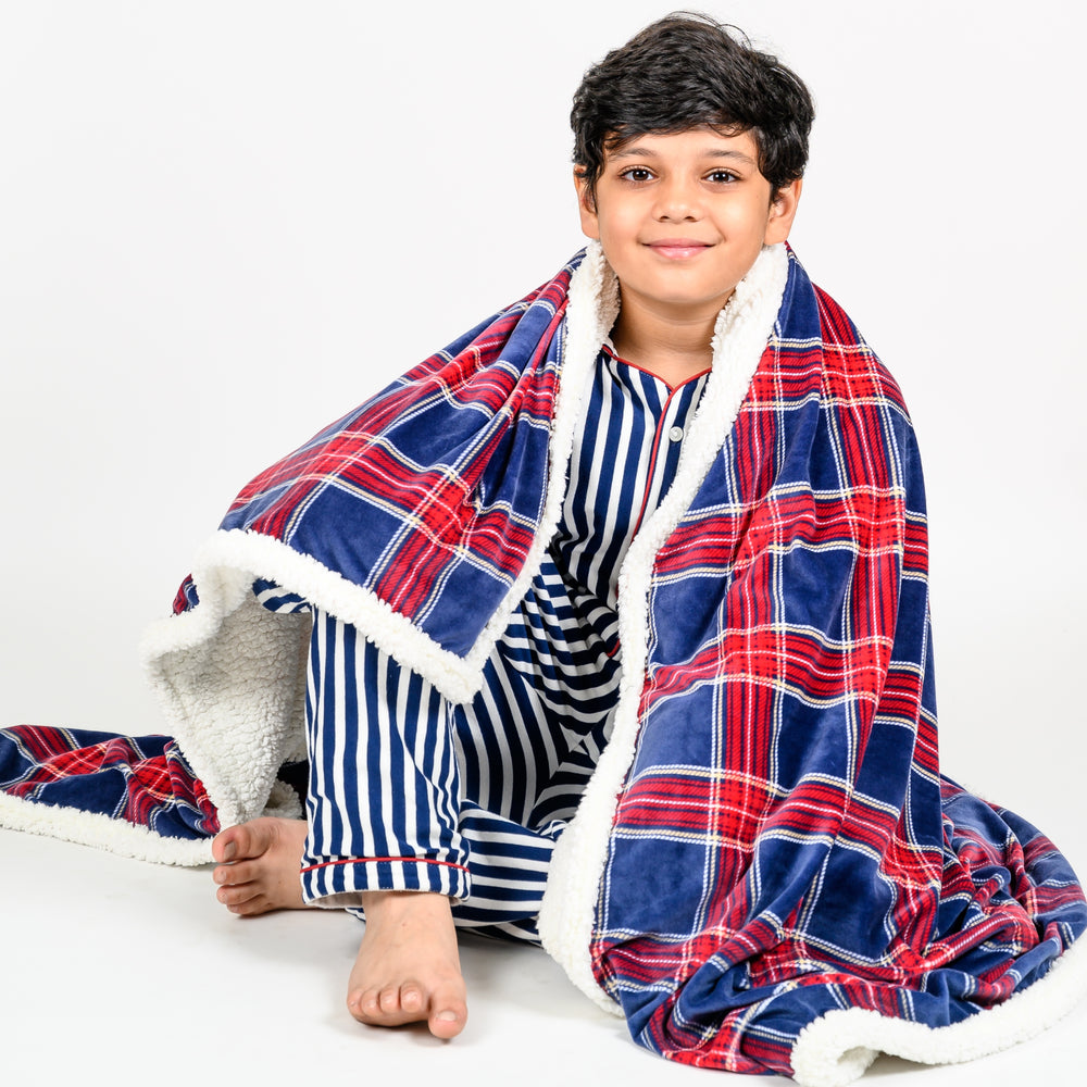 Navy Plaid Sherpa Blanket