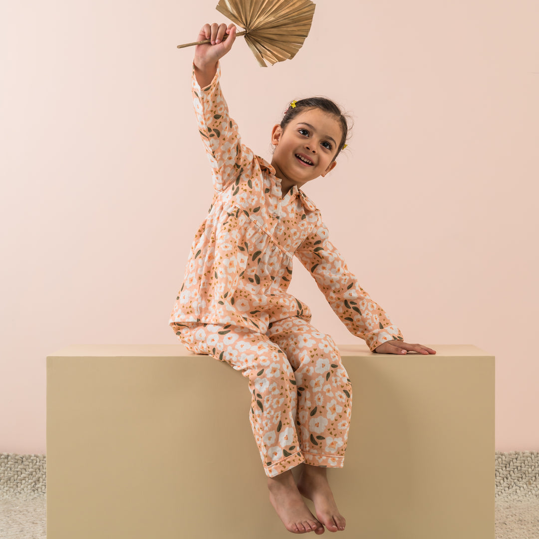 Peachy Florals Organic Muslin Nightsuit