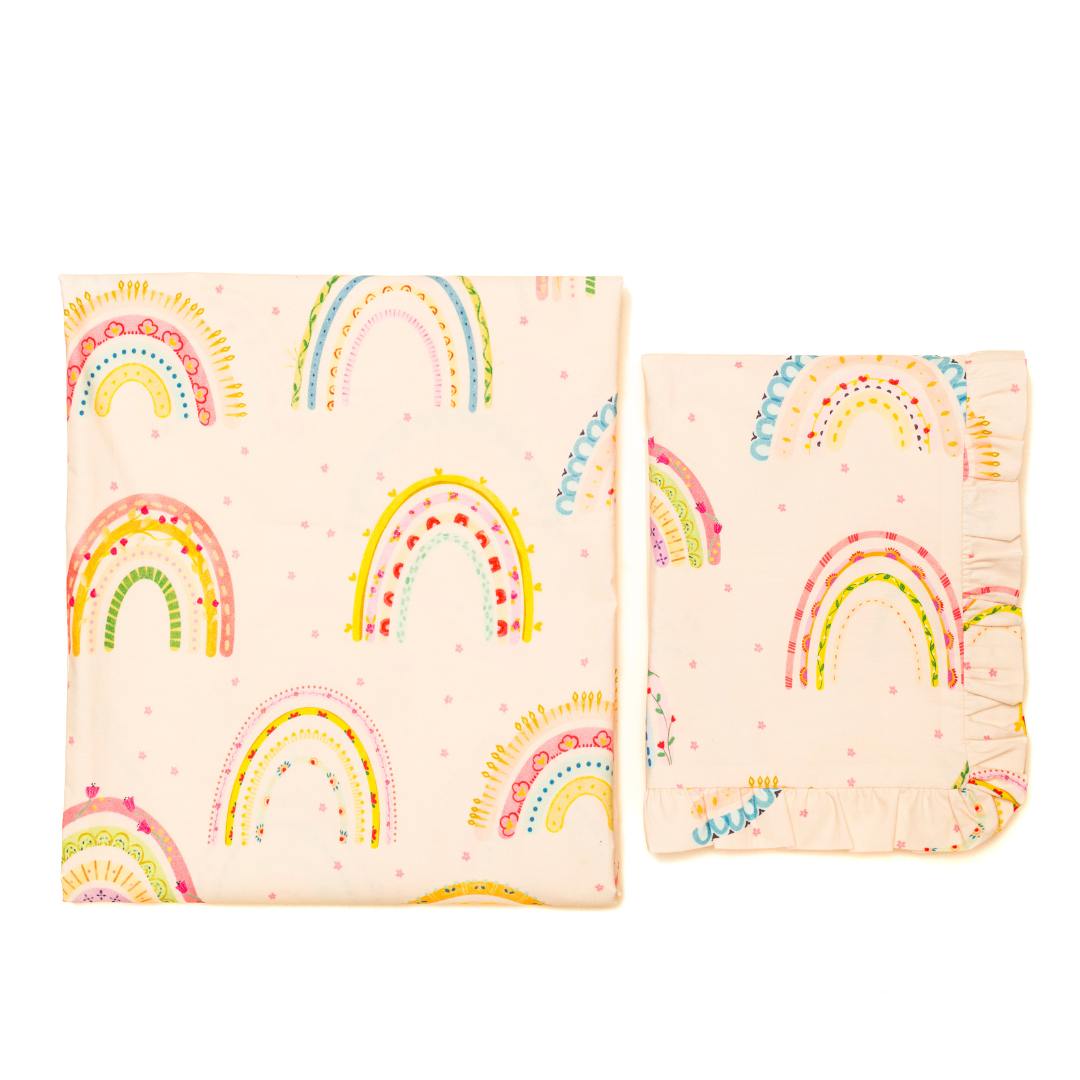 Whimsical Rainbows  Beige Organic Cotton Bedsheet Set