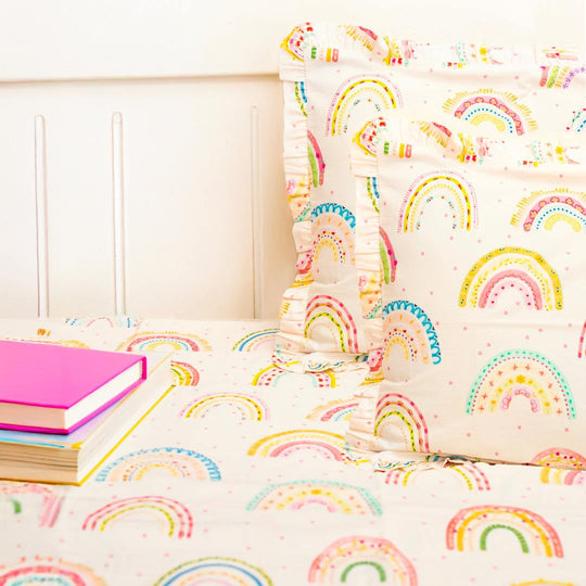 Whimsical Rainbows  Beige Organic Cotton Bedsheet Set