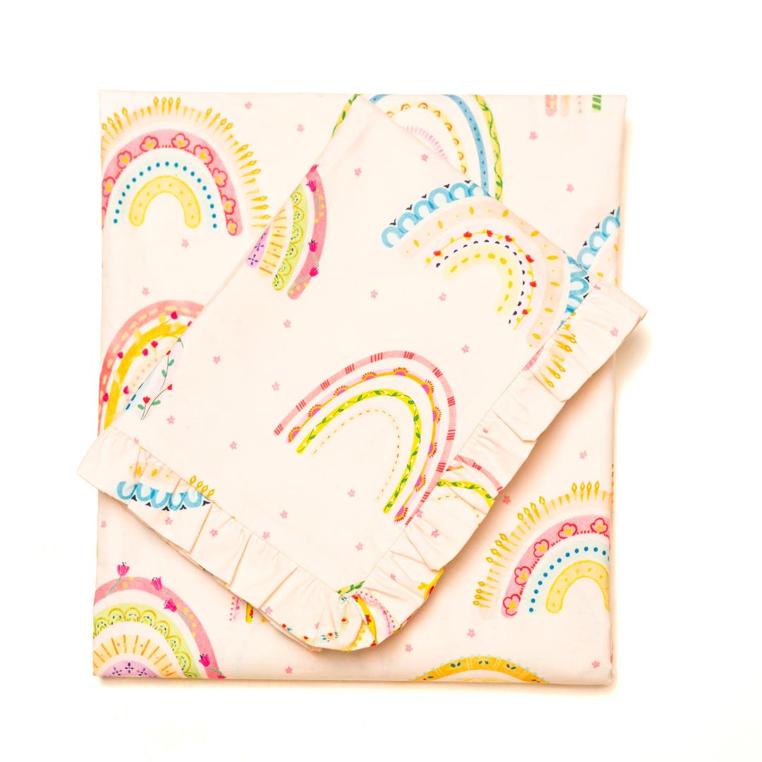 Whimsical Rainbows  Beige Organic Cotton Bedsheet Set