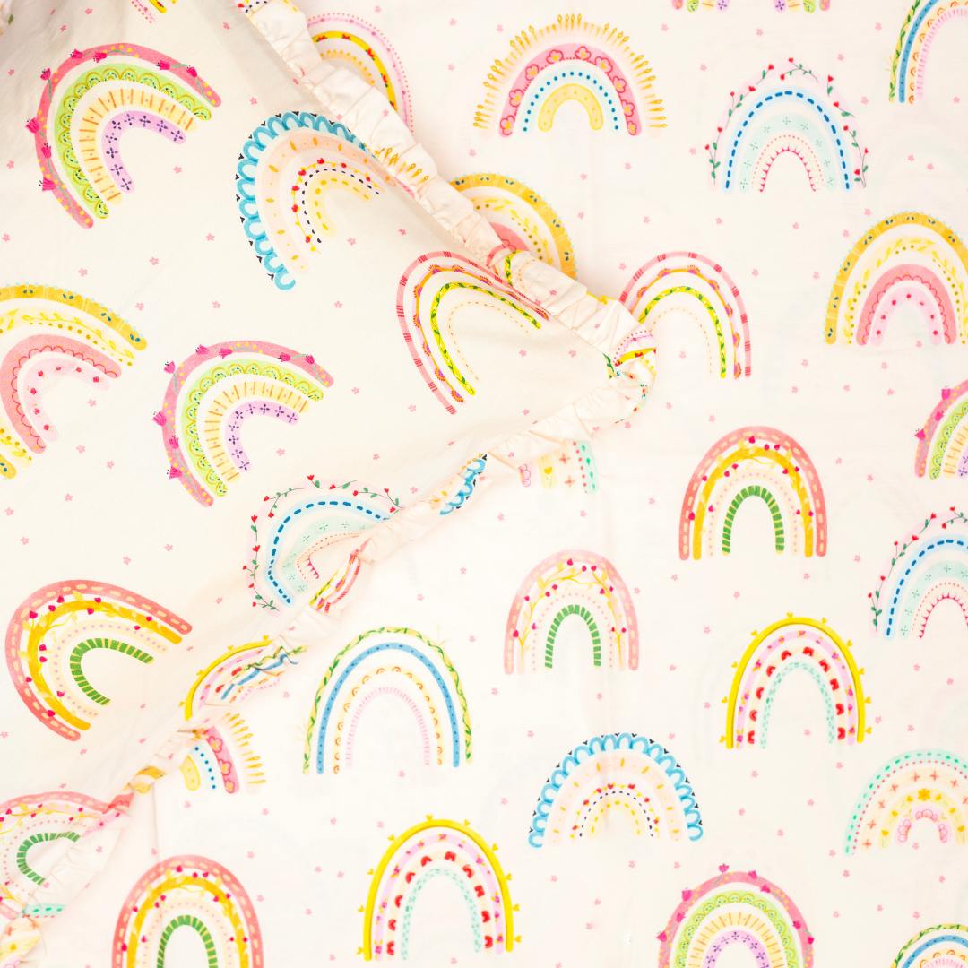 Whimsical Rainbows  Beige Organic Cotton Bedsheet Set