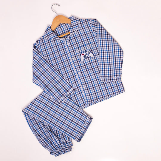 Blue & Grey Checks Cotton Nightsuit - Boys