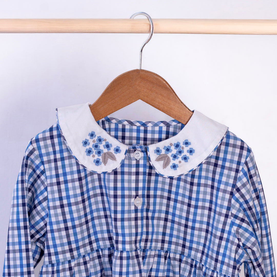 Blue & Grey Checks Cotton Nightsuit- Girls