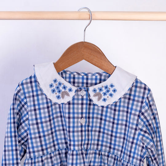 Blue & Grey Checks Cotton Nightsuit- Girls