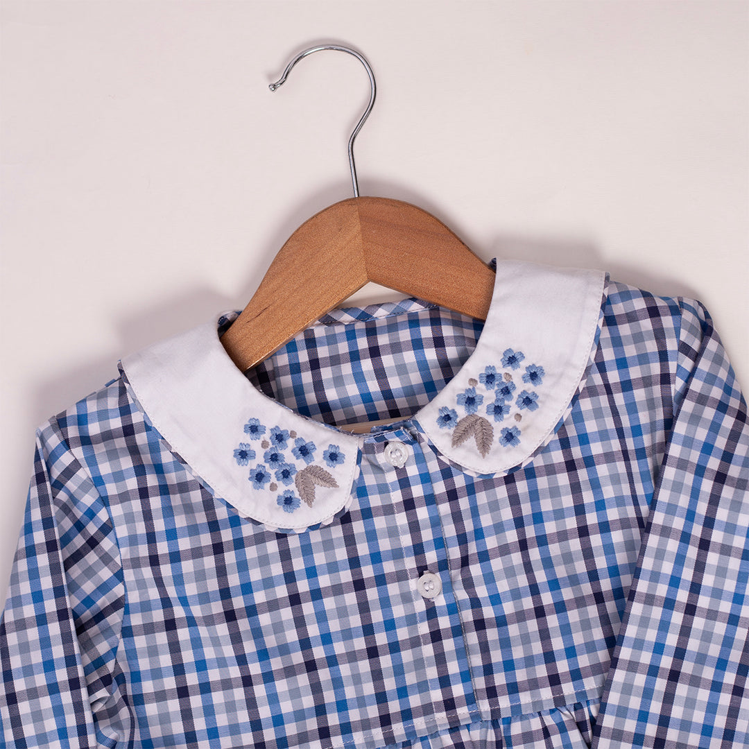 Blue & Grey Checks Cotton Nightsuit- Girls