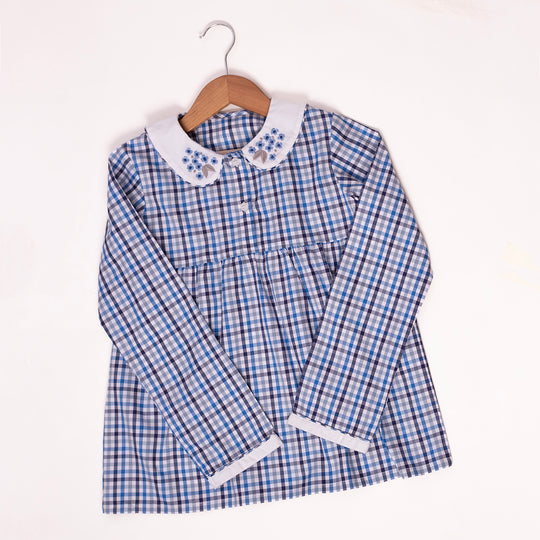 Blue & Grey Checks Cotton Nightsuit- Girls