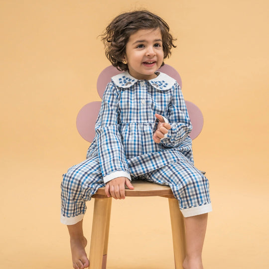 Blue & Grey Checks Cotton Nightsuit- Girls
