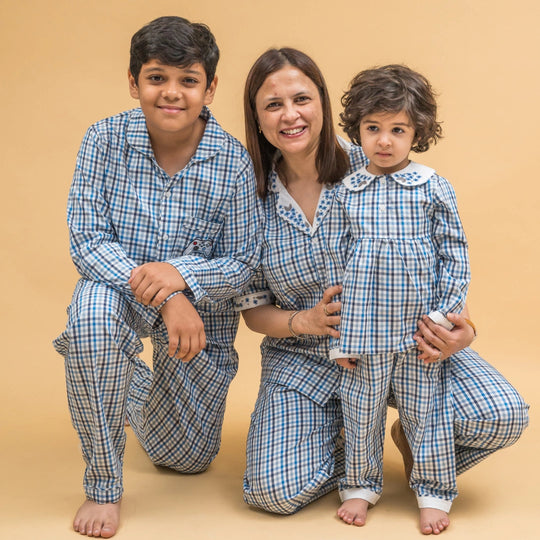 Blue & Grey Checks Cotton Nightsuit- Girls