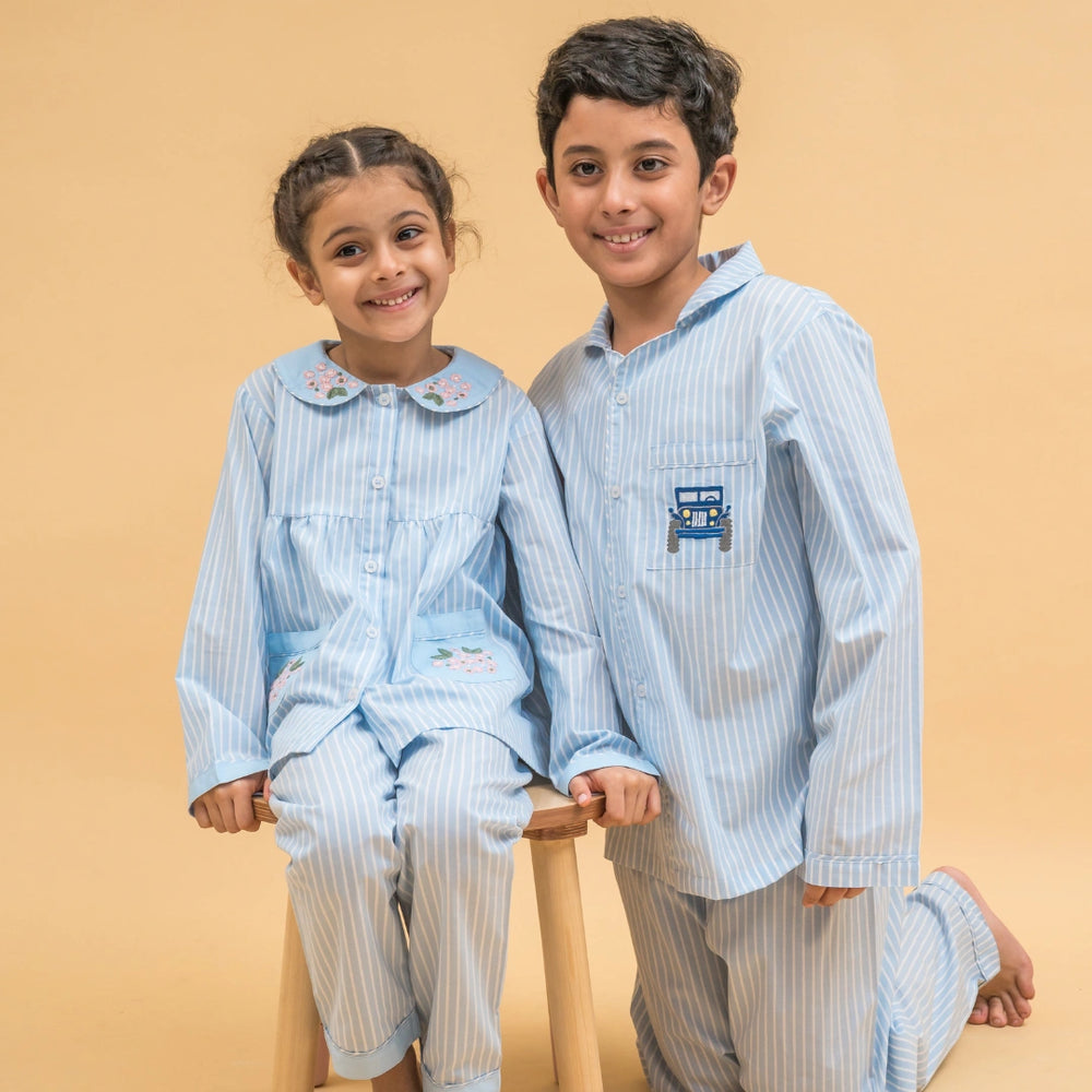 Blue Stripes Cotton Nightsuit - Boys