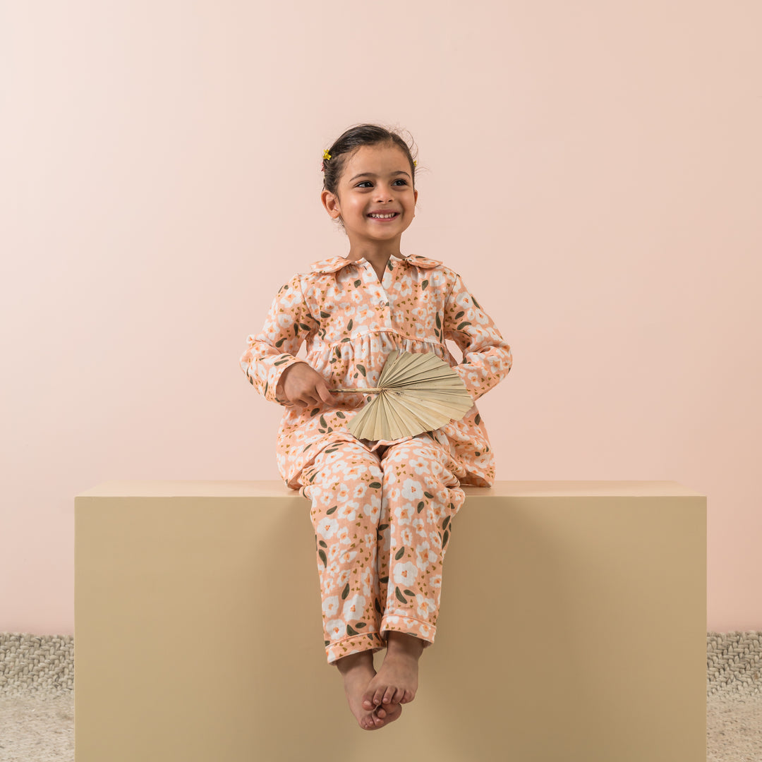 Peachy Florals Organic Muslin Nightsuit