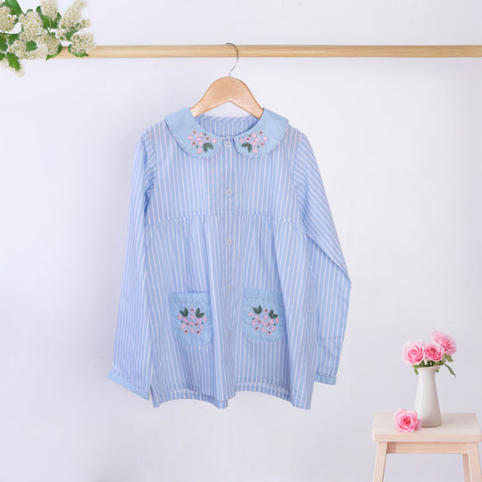 Blue Stripes Cotton Nightsuit - Girls