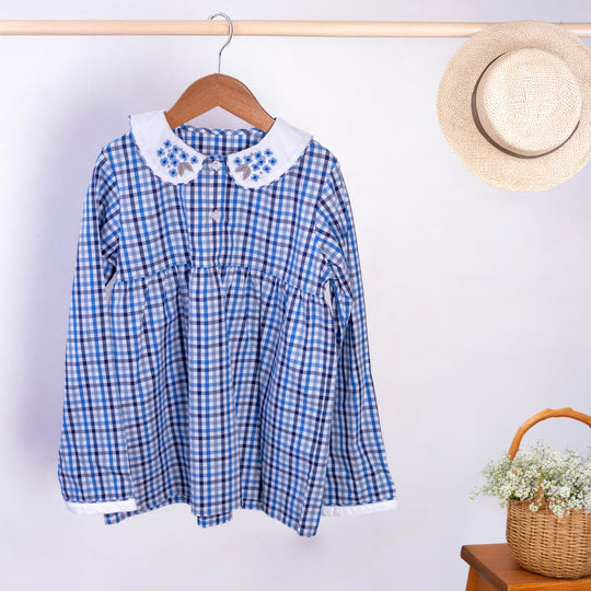 Blue & Grey Checks Cotton Nightsuit- Girls