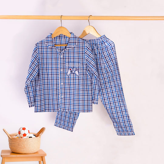 Blue & Grey Checks Cotton Nightsuit - Boys