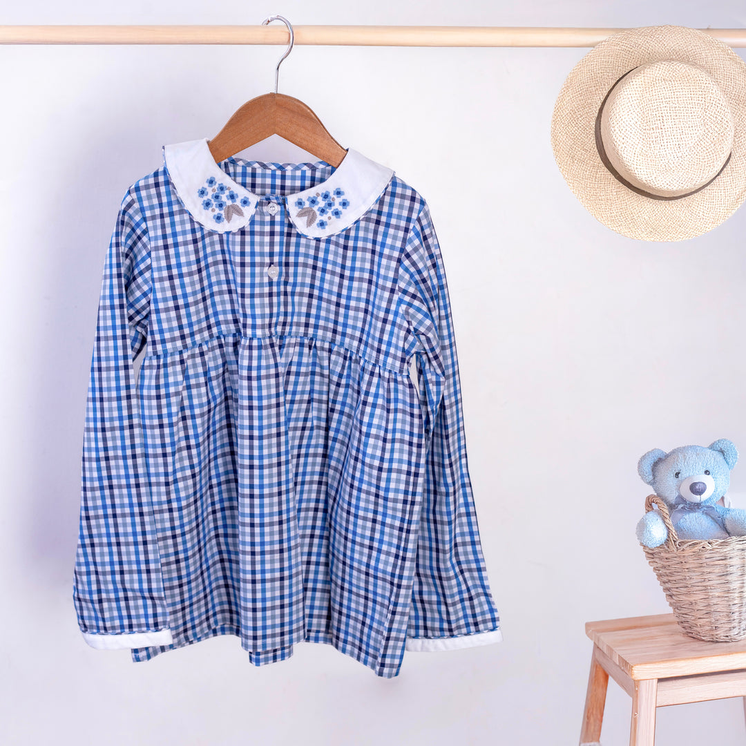 Blue & Grey Checks Cotton Nightsuit- Girls