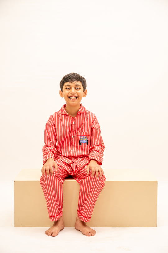Coral Stripes Cotton Nightsuit-Boys