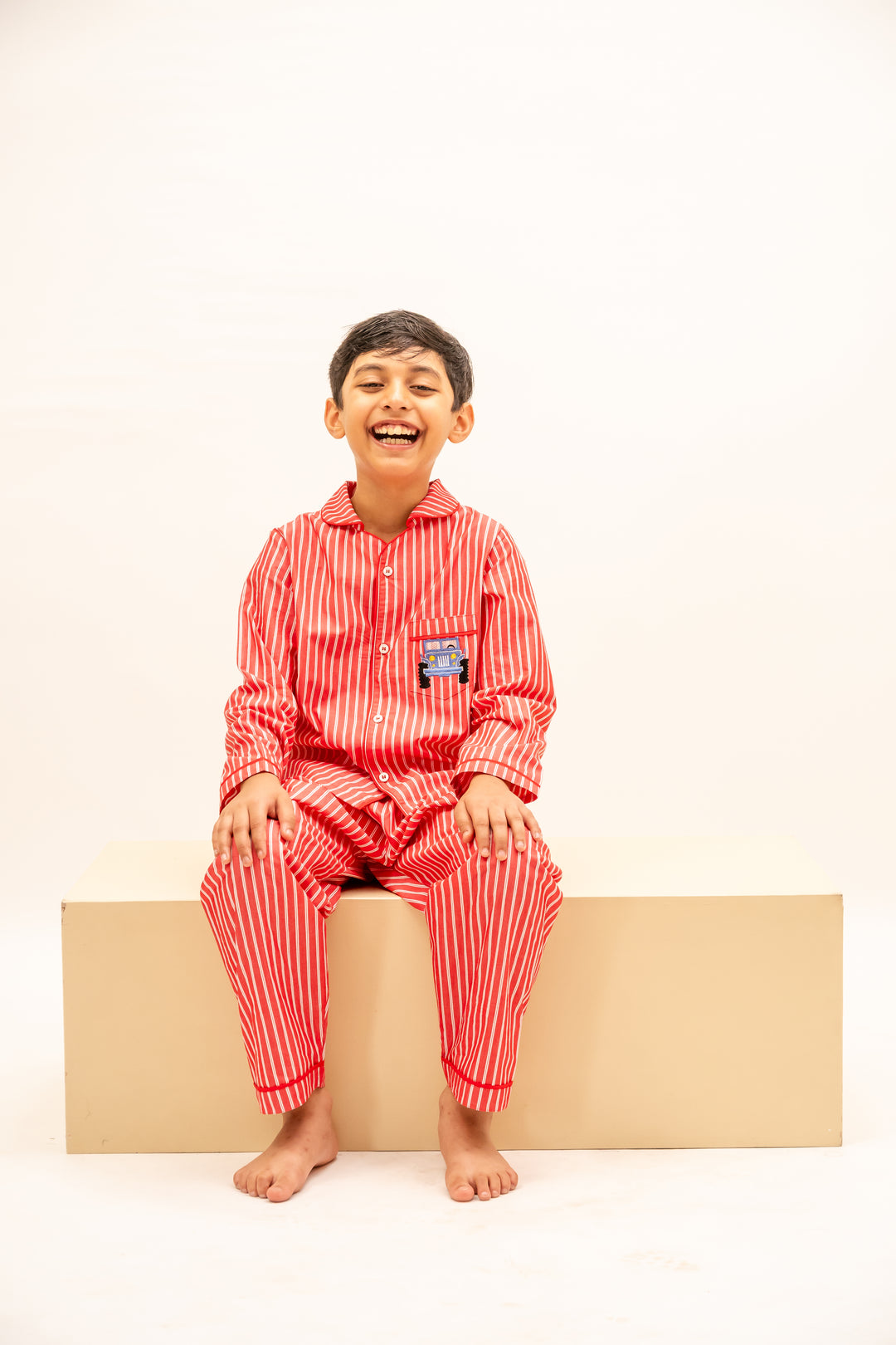Coral Stripes Cotton Nightsuit-Boys