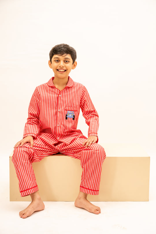 Coral Stripes Cotton Nightsuit-Boys