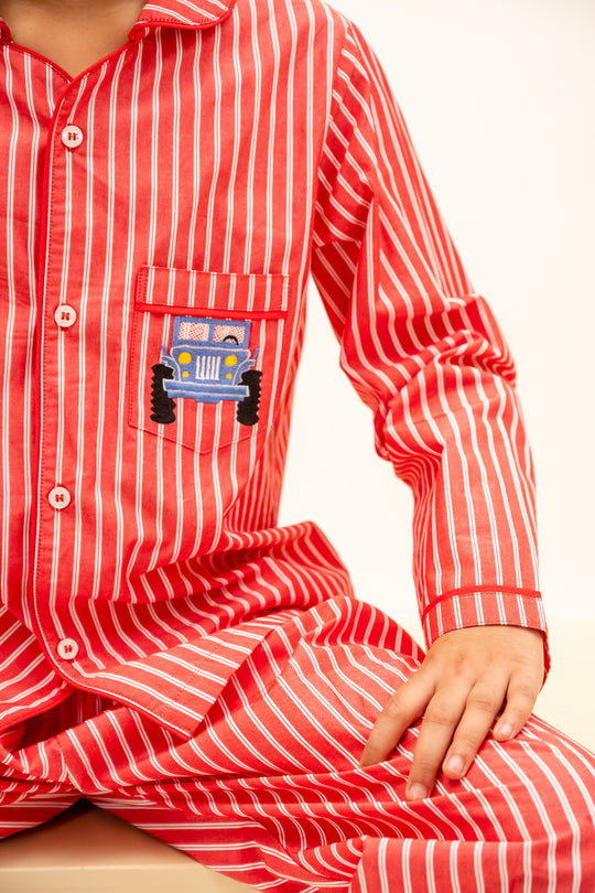 Coral Stripes Cotton Nightsuit-Boys