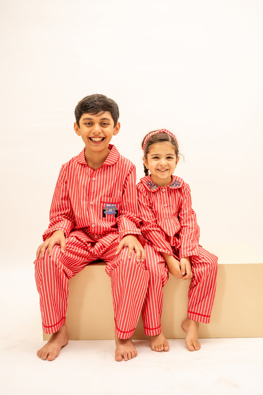 Coral Stripes Cotton Nightsuit-Boys