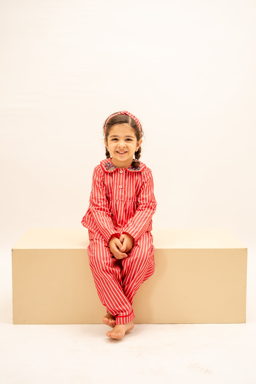 Coral Stripes Cotton Nightsuit - Girls